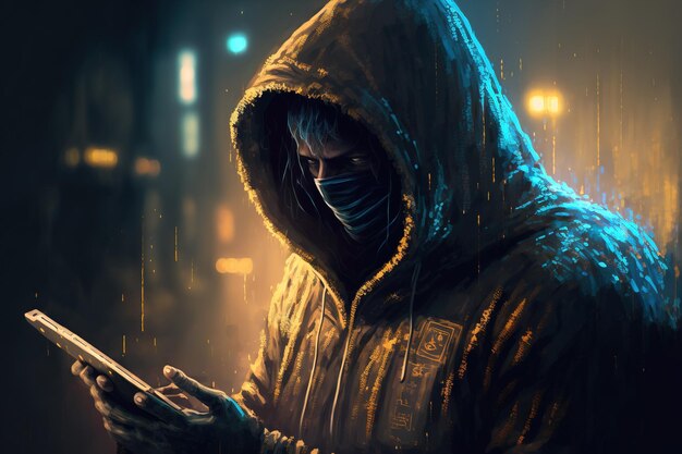 Hooded cyber crime hacker using mobile phone internet hacking in to cyberspaceonline personal data security concept