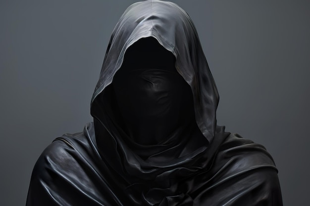 A hooded figure in black with a shadow