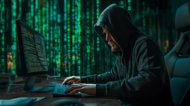 Hooded figure hacker typing on a laptop with code on the screen hacker activity in a dark room matrix