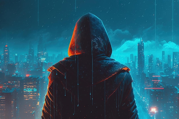 Hooded figure standing on a rooftop looking at a vibrant futuristic cyberpunk neon city skyline during a misty night