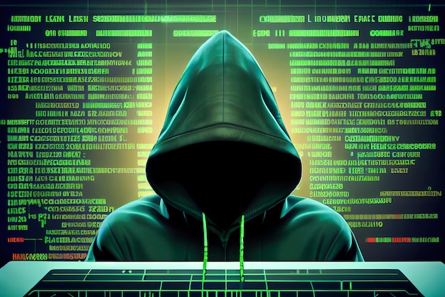 Hooded hacker against green background with computer code Generative AI