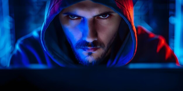 hooded hacker concentrating on deciphering code on computer screen concept cybersecurity coding hacking technology computer science