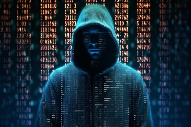 Hooded hacker in front of binary code background Hacking concept