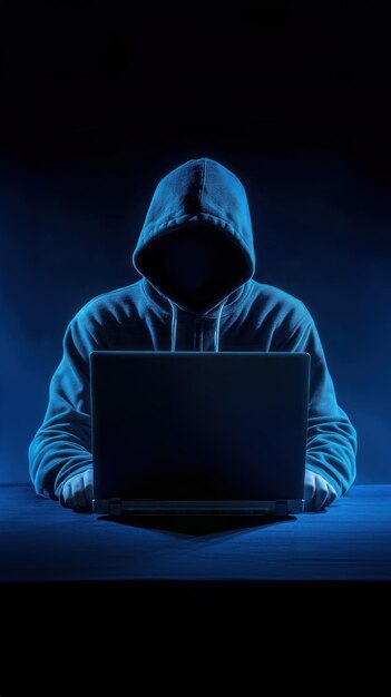 Хакер с капюшоном перед ноутбуком с темно-синим двоичным фоном онлайн-программирование ИИ программирование семинары по веб-разработке