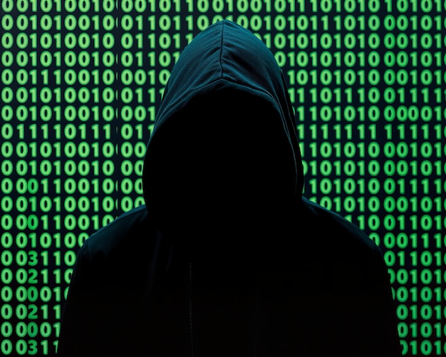 Hooded Hacker in binaire code