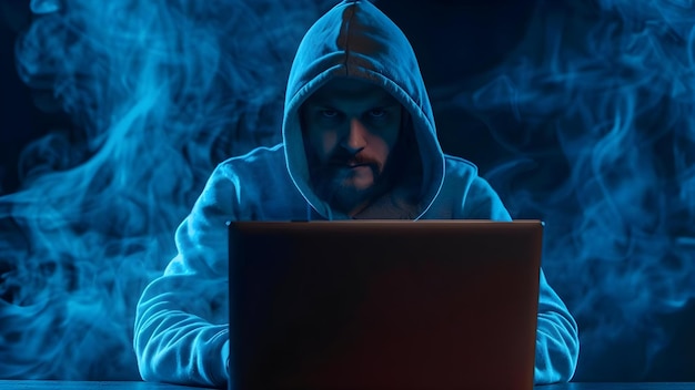 Hooded hacker op laptop die online diefstal pleegt die vecht tegen cybersecurity op donkere achtergrond Concept Cybersecurity Online Diefstal Hacking Technology Crime