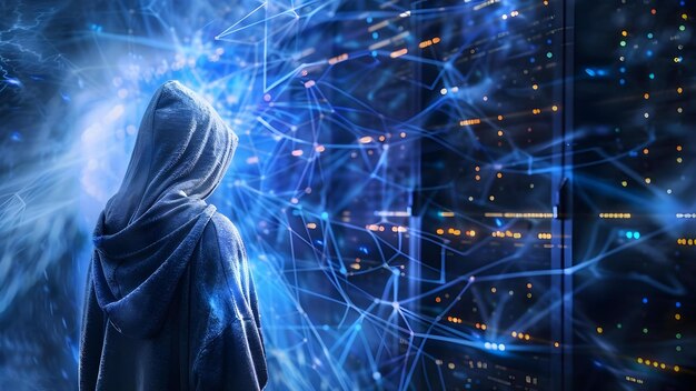 hooded hacker in server room exploiting log4j cybersecurity vulnerability in metaverse concept cybersecurity threats metaverse exploits log4j vulnerability server room hijack hooded hacker