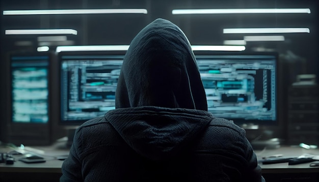 Hooded hacker sitting in front of a computer AI generative