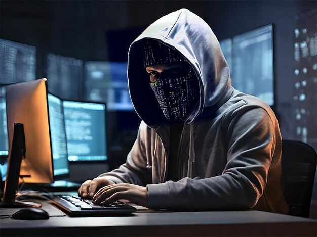 Photo hooded hacker stealing data from a computer in a dark room