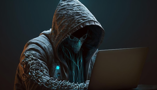 Hooded hacker stealing data from a laptop Dark background Generative AI