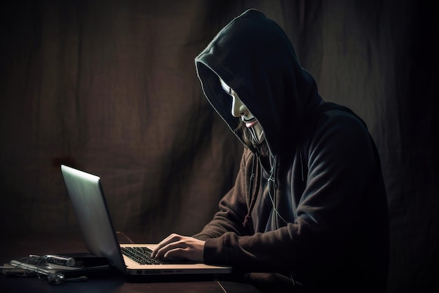Hooded hacker stealing data from a laptop at night Dark background Generative AI