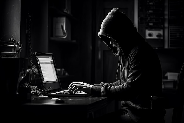フードをかぶったハッカーが夜、暗い部屋でラップトップからデータを盗む