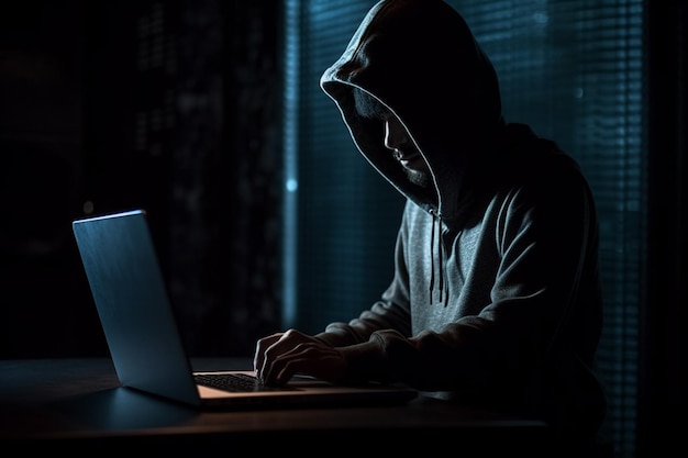 Хакер в капюшоне крадет данные с ноутбука ночью в темной комнате