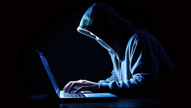 Hooded hacker stealing information from a laptop computer