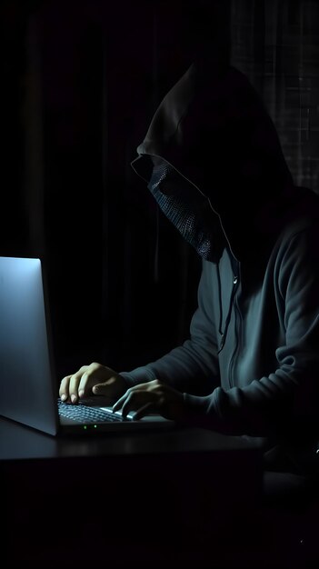 Hooded hacker stealing information from laptop at night Dark background