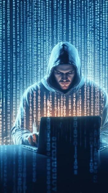 hooded hacker typing on a laptop and glowing binary code online programming programming workshops ai programming themes