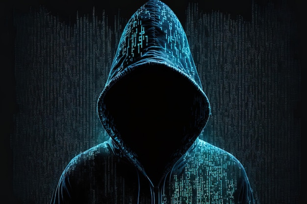 The hooded hacker uses the binary code concept for both hacking and malware