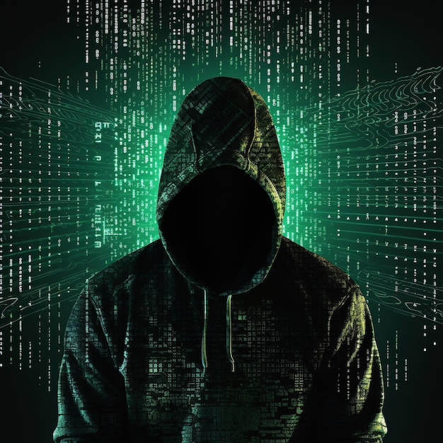 Photo hooded hacker with binary code and binary code on the background