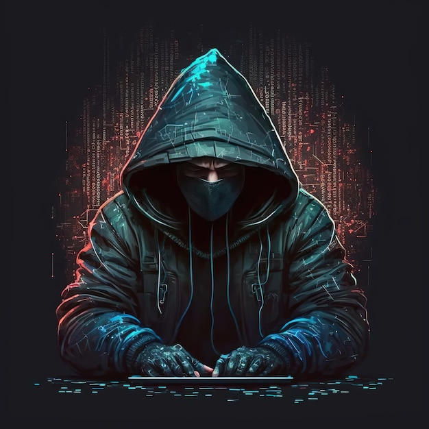 Hooded hacker with laptop at work Symbol of the darknet and illegal activities on the Internet Ai generated