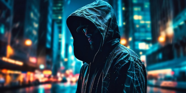 A hooded man in the city in dark clothing