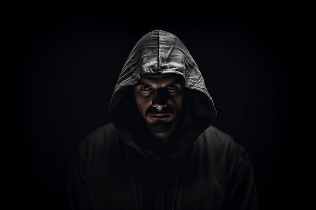 Photo hooded man on dark background