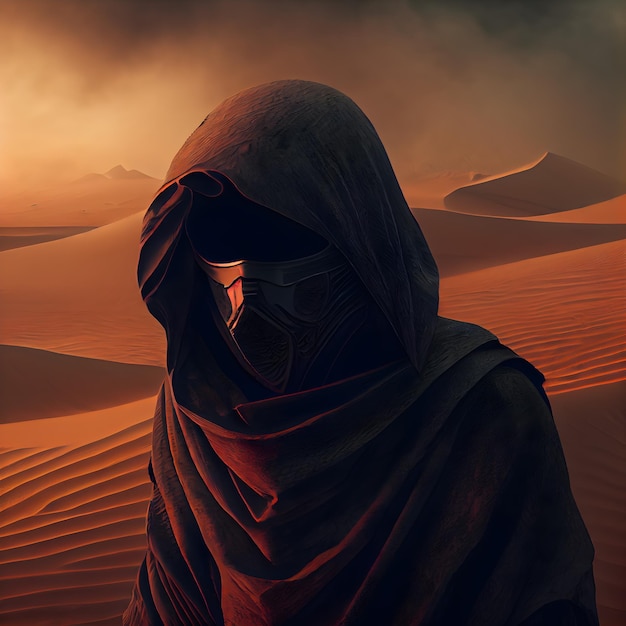 Hooded man in the desert 3d rendering 3d illustration