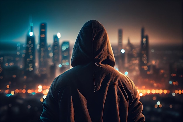 Hooded man in a hood looks at the city at nightgenerative ai