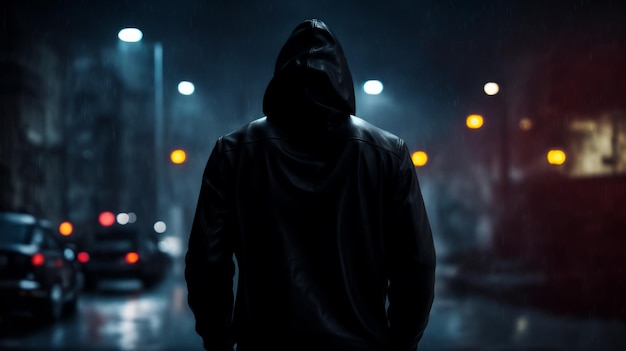 사진 모자 입은 남자가 밤의 거리에서 서 있습니다. 밤의 도시 불빛.