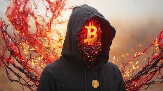 Photo hooded person with bitcoin symbol