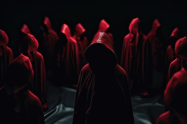 Hooded Red Figures Gathering In Darkness