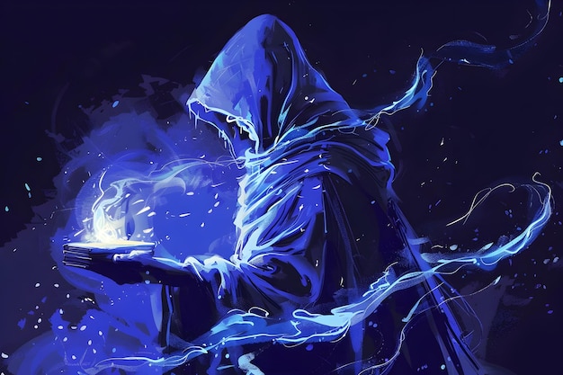 hooded sorcerer channeling ethereal blue magic in arcane ritual