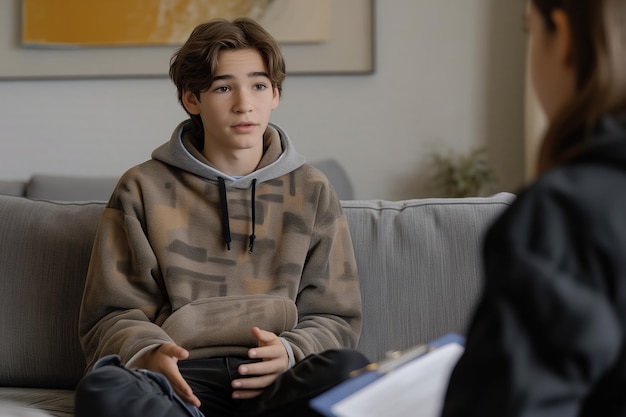 Foto ragazzo con il cappuccio parla con uno psicologo