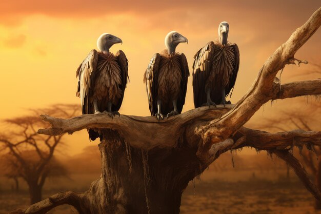 Hooded vultures sitting on tree waiting