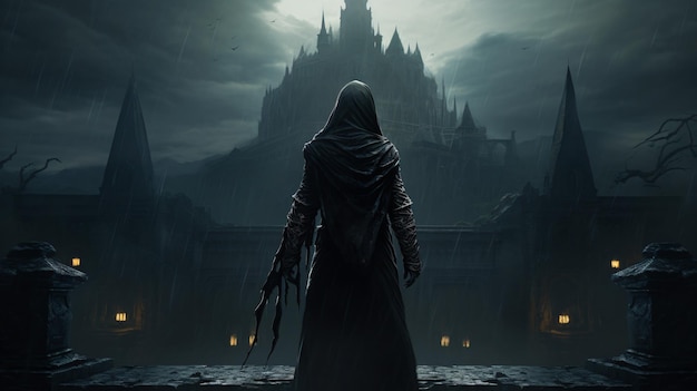 Photo hooded warrior facing a dark castle