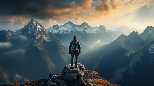 Premium AI Image | A hooded warrior man stands atop a rugged mountain peak