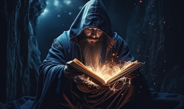 The hooded wizard delves into the ancient pages of the magic book