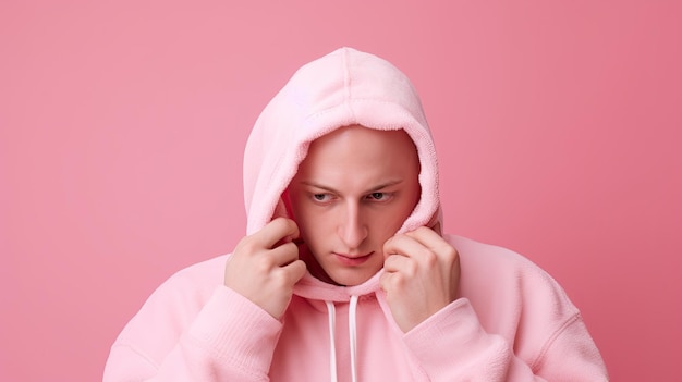 Hoodie Hijinks Bald Dude Ditches Wig Against Pink Backgroundgenerative ai