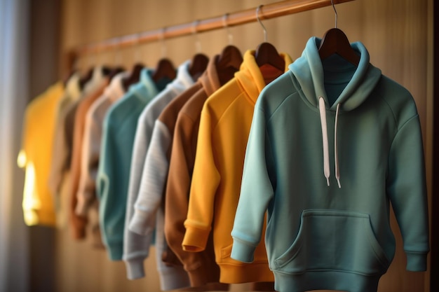 Hoodies of different colors hang on a hanger in the closet