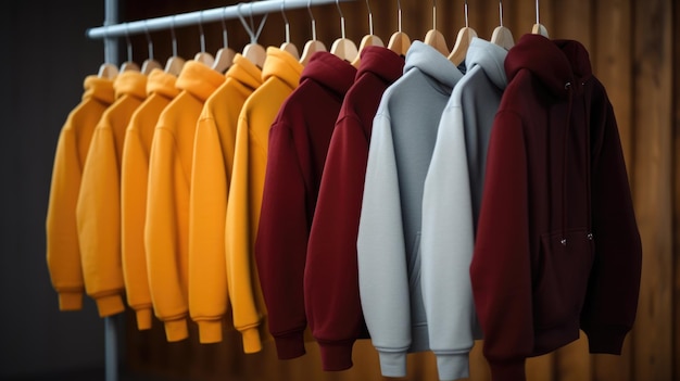 Hoodies of different colors hang on a hanger