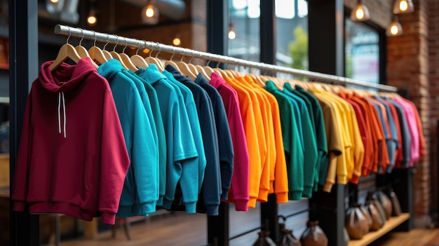 Hoodies and sweatshirts on hangers create a lively scene offering a spectrum of style in the store