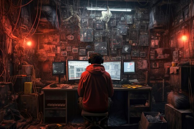 A hoodiewearing computer hacker sits in front of computer monitors in a postapocalyptic lab cyber security and systems hacking concept generative ai