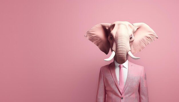 Hoofd van de olifant met heren pak op roze achtergrond
