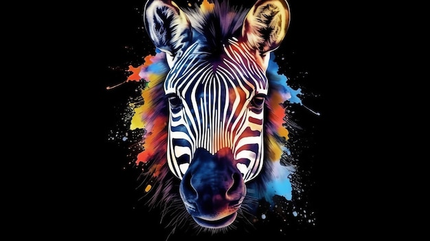 Hoofd van een zebra aquarel abstracte stijl zwarte backgroun Generatieve ai