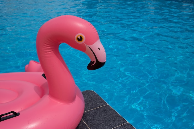 Hoofd van flamingo zwembad float in zwembad blauwe water achtergrond