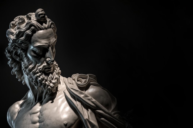 Hoofd van Griekse god beeldhouwkunst standbeeld van een man met lange baard op donkere achtergrond AI gegenereerde afbeelding