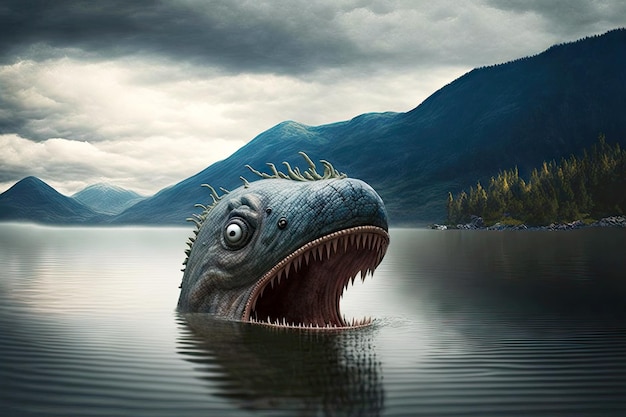 Hoofd van het monster van Loch Ness dat uit het water gluurt tegen de achtergrond van bergen