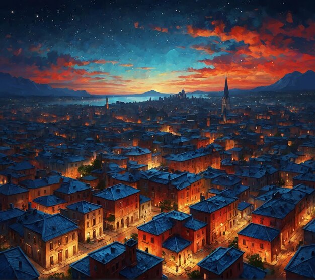Hoofdbeeld van de daken van de huizen van de oude stad in de avond romantische verlichting