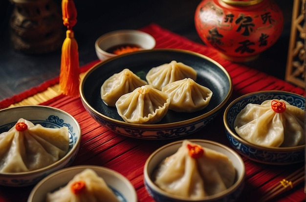 Hoofdbeeld van dumplings en hanger Chinees Nieuwjaar