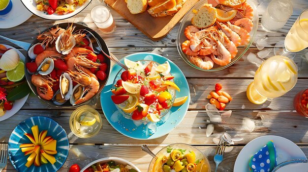 Foto hoofdbeeld van een heerlijk zomerfeest van zeevruchten met gegrilde garnalen, oesters, mosselen, fruitsalade en dranken op een houten tafel