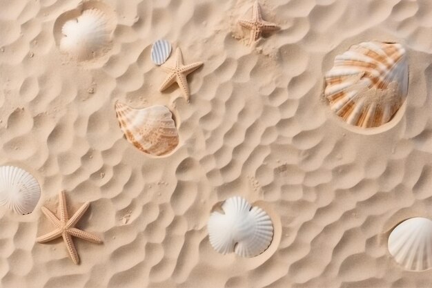 Hoofdbeeld van een zandstrand met afdrukken van exotische schelpen en zeesterren